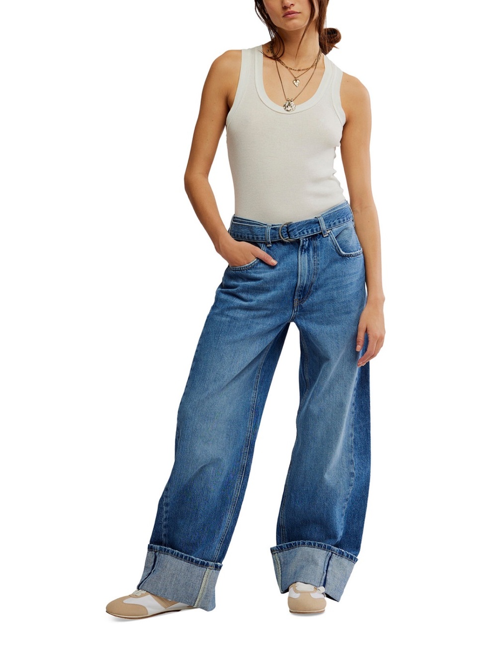 Free People Wide-Leg High-Rise Cuffed Blue Jeans
